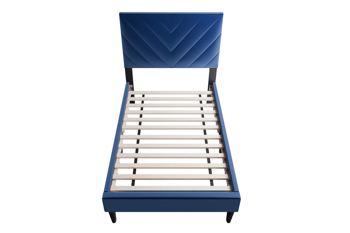 The Harlow Navy Blue Velvet Chevron-Tufted Twin Bed Set – Bed & Nightstand - view 5