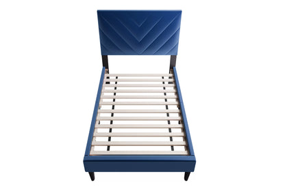 The Harlow Navy Blue Velvet Chevron-Tufted Twin Bed Set – Bed & Nightstand - view 5