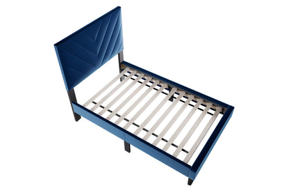 The Harlow Navy Blue Velvet Chevron-Tufted Twin Bed Set – Bed & Nightstand - view 6