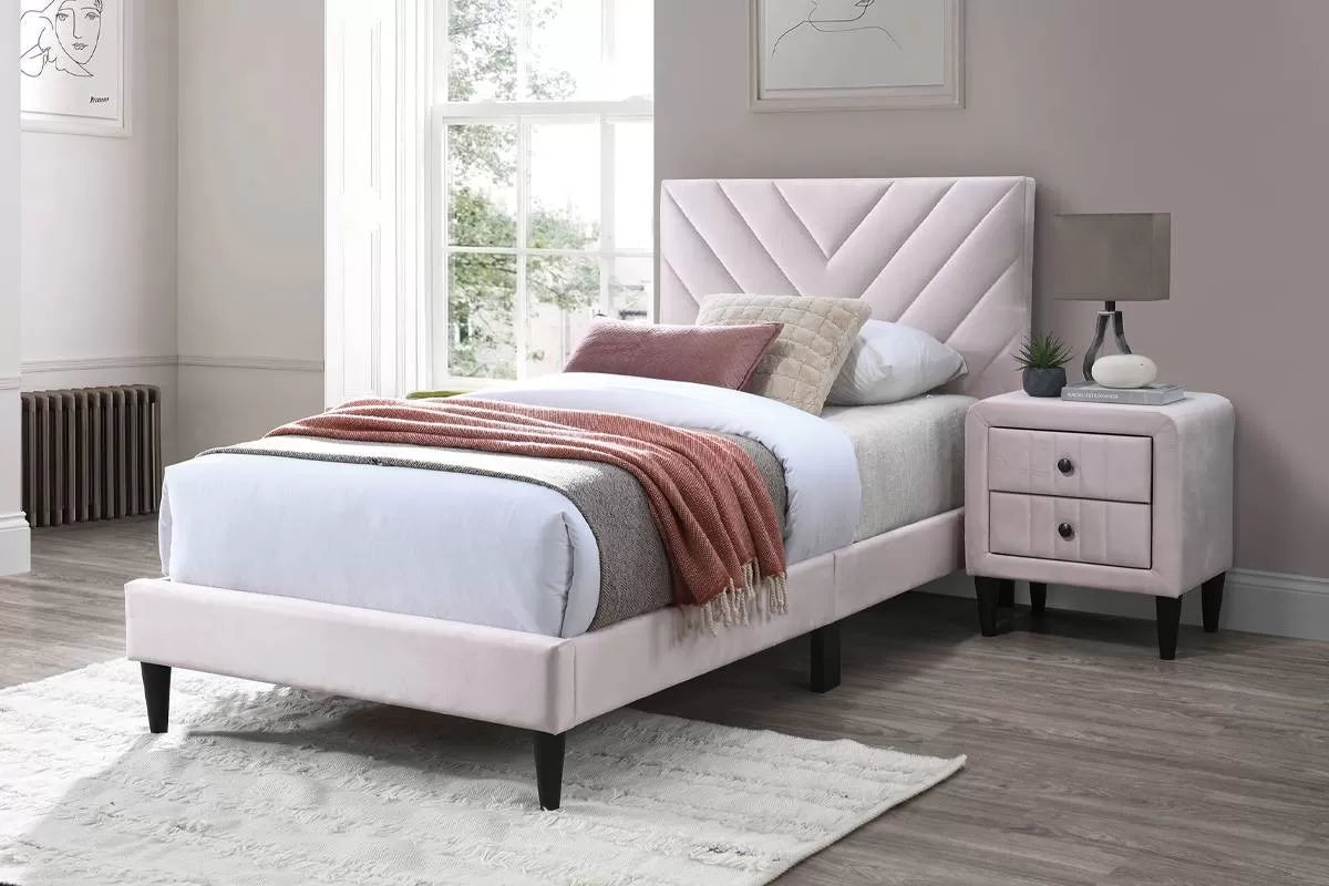 The Harlow Light Pink Velvet Chevron-Tufted Full Bed Set – Bed & Nightstand - view 1