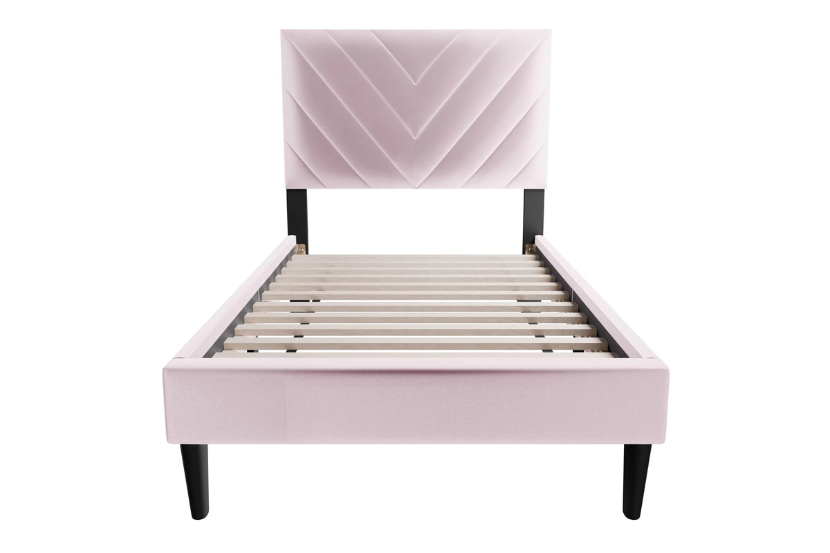 The Harlow Light Pink Velvet Chevron-Tufted Twin Bed Set – Bed & Nightstand - view 2