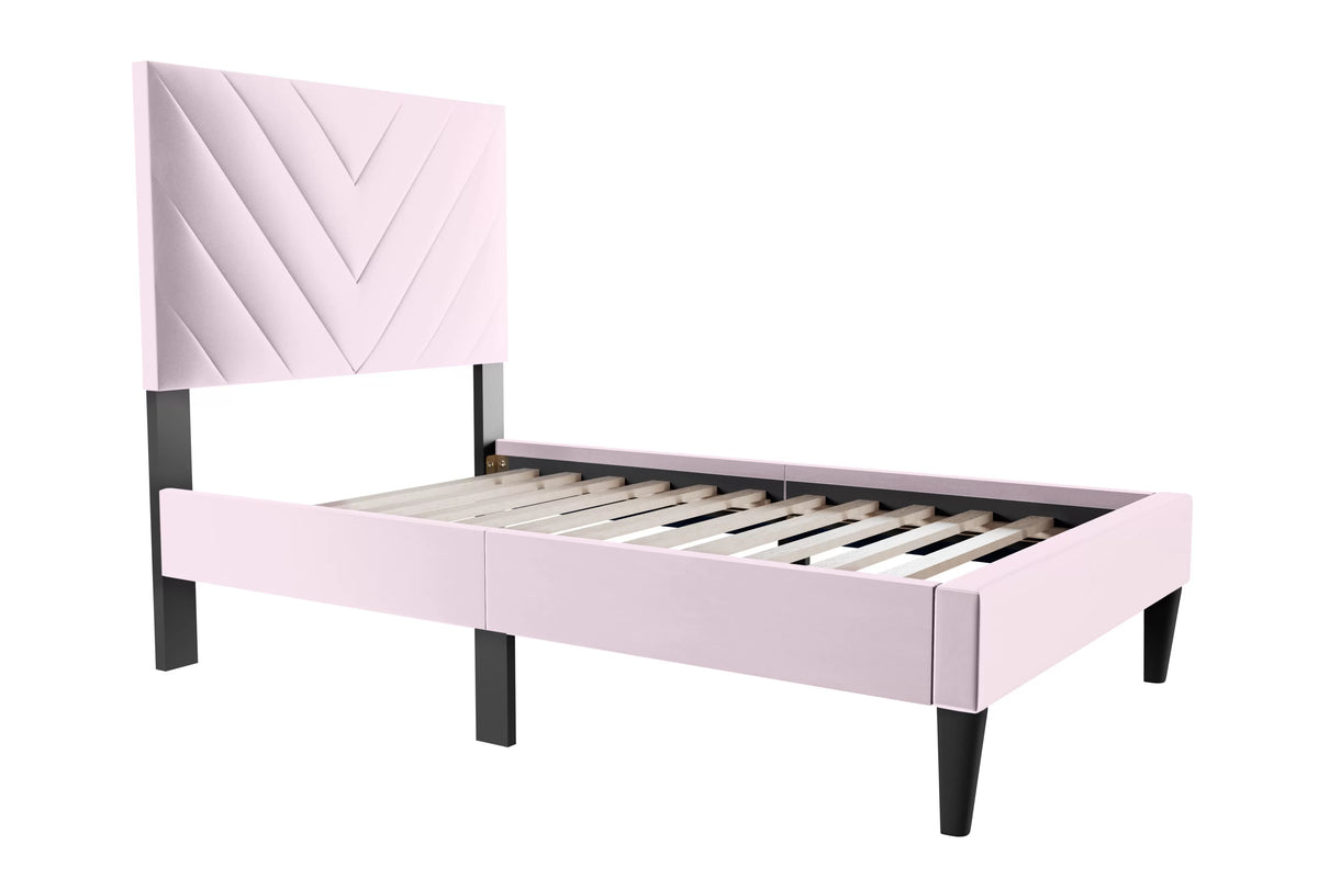 The Harlow Light Pink Velvet Chevron-Tufted Twin Bed Set – Bed & Nightstand - view 3