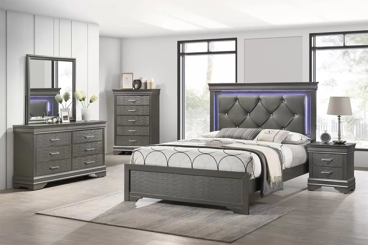 The Argent Eastern King Gray Faux Leather LED Bed