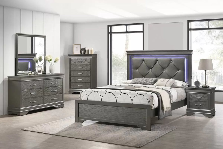 The Argent Eastern King Gray Faux Leather LED Bed