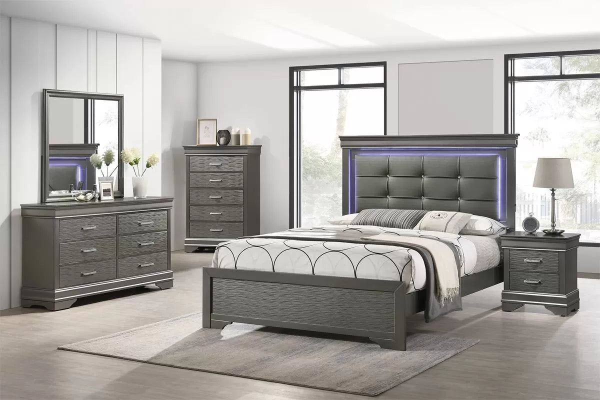 The Sterling Eastern King Gray Faux Leather LED Bed