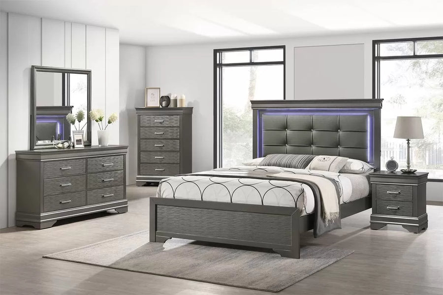 The Sterling Eastern King Gray Faux Leather LED Bed