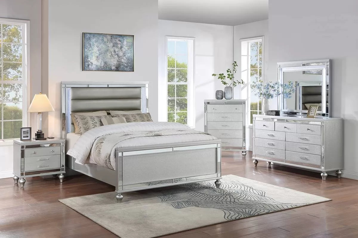 The Chrome Queen Silver Faux Leather LED Bed