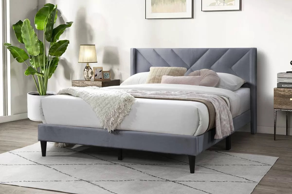 The Sorrel Queen Gray Velvet Upholstered Bed