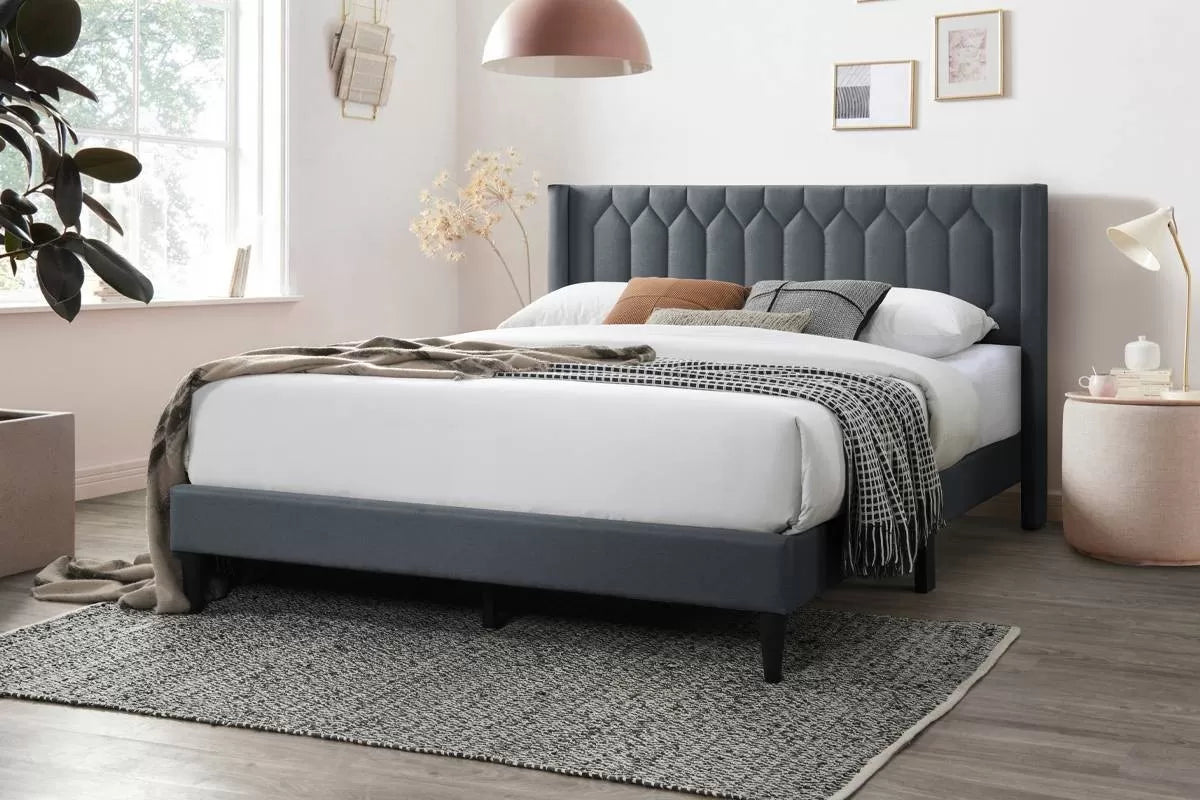The Drummond Queen Charcoal Burlap Upholstered Bed