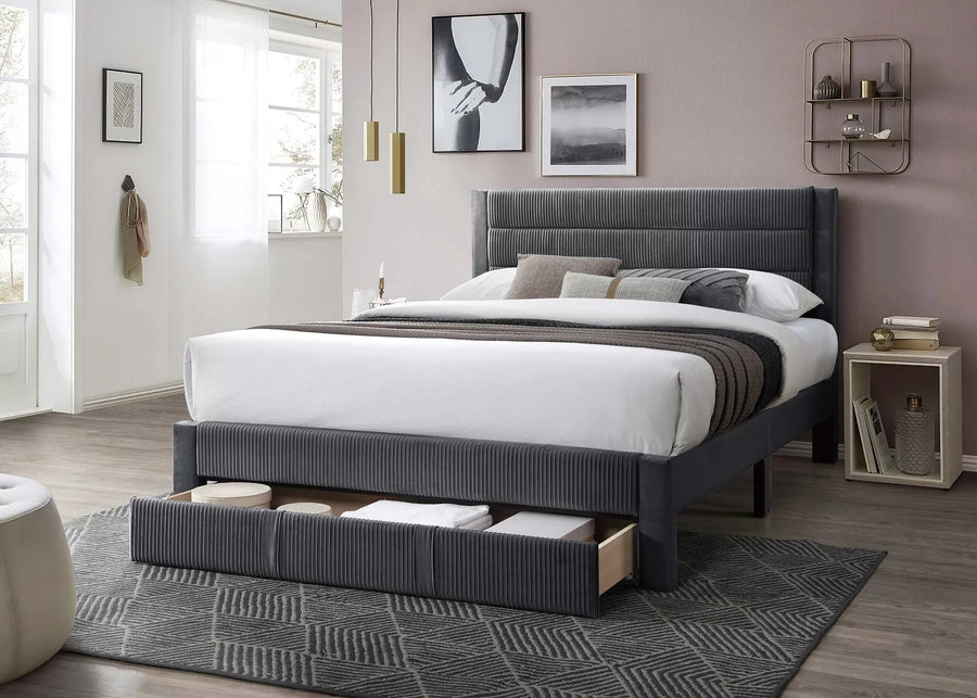 Cama Flint Full Carbón de Pana con Almacenamiento