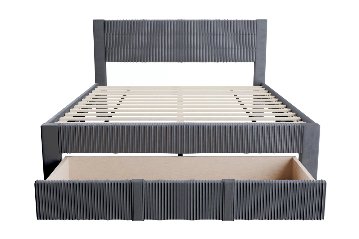 The Flint Queen Charcoal Corduroy Bed with Storage Drawer