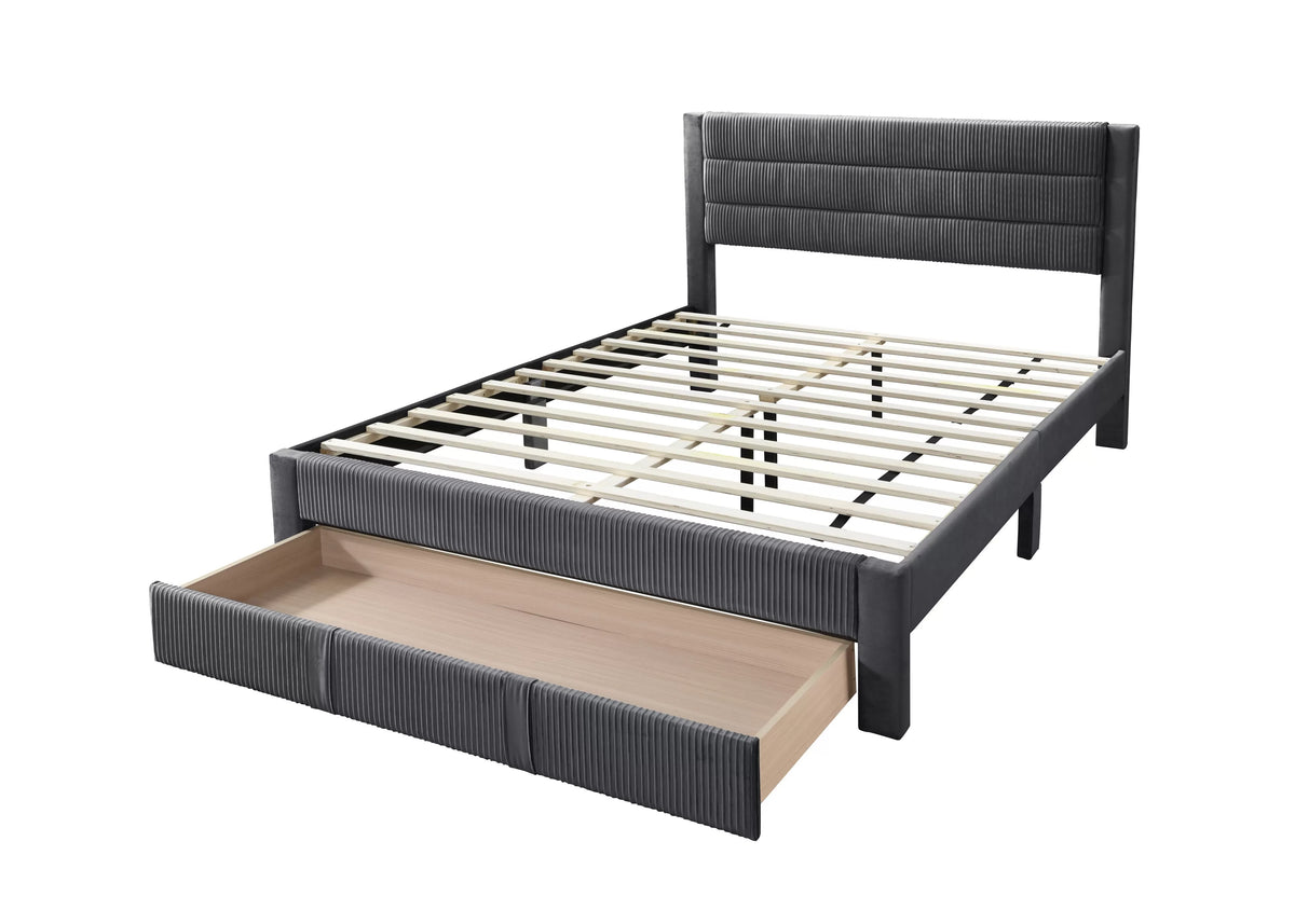 The Flint Queen Charcoal Corduroy Bed with Storage Drawer