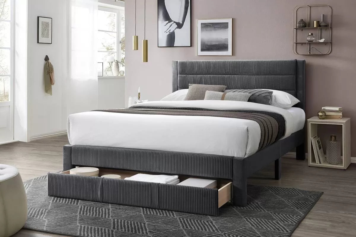 The Flint Queen Charcoal Corduroy Bed with Storage Drawer