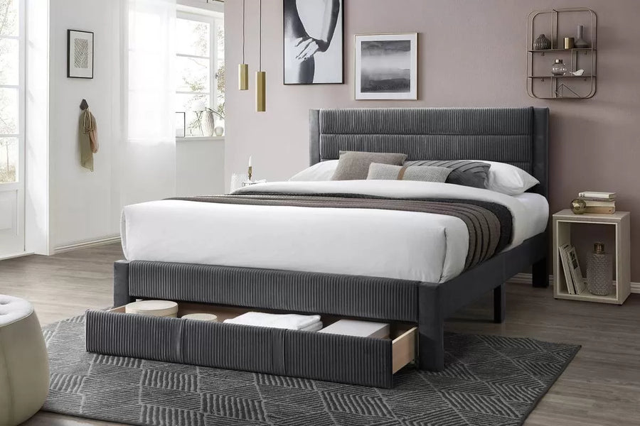 Cama Flint Queen Carbón de Pana con Almacenamiento