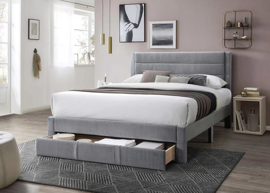 Cama Vale Full Gris de Pana con Almacenamiento