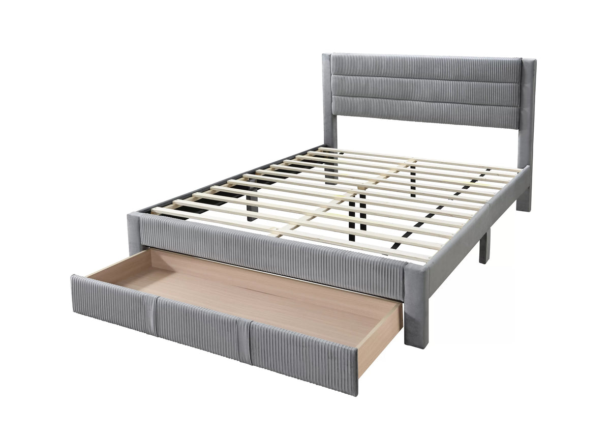 Cama Vale Queen Gris de Pana con Almacenamiento