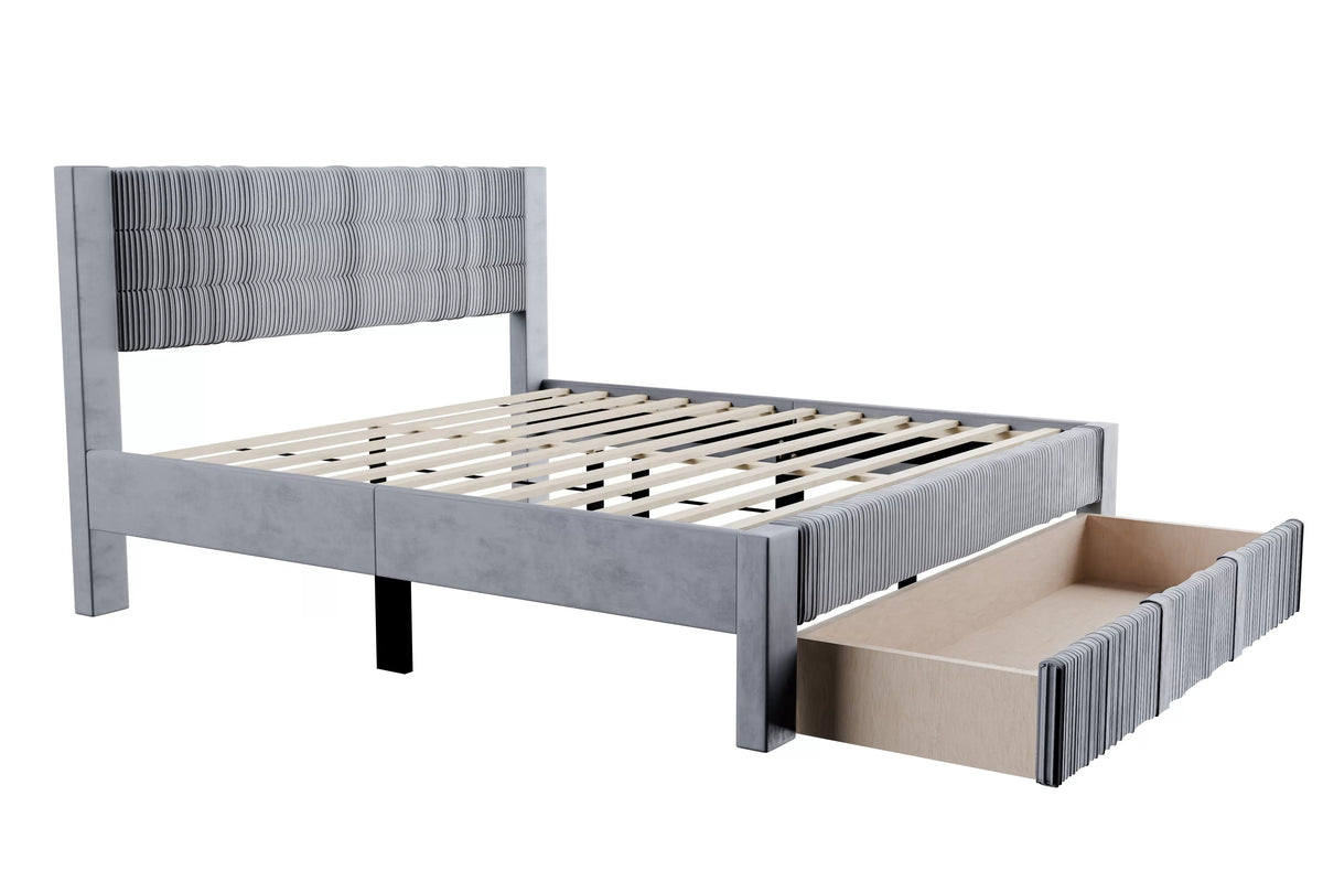 Cama Vale Queen Gris de Pana con Almacenamiento