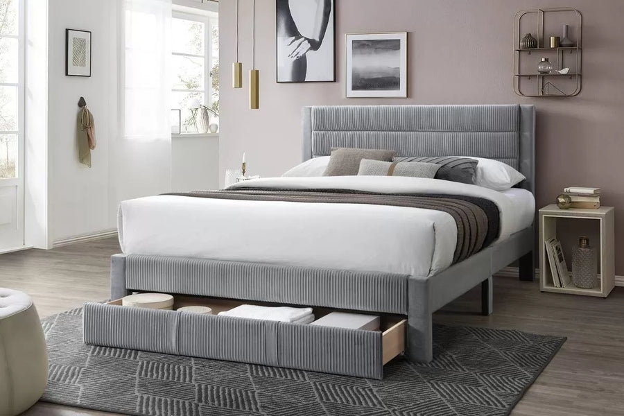 Cama Vale Queen Gris de Pana con Almacenamiento