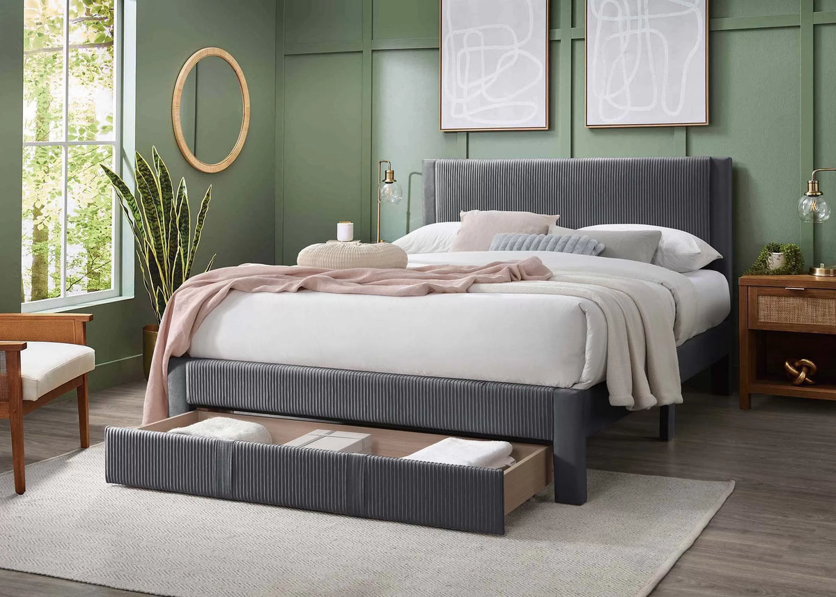 The Cinder Full Charcoal Corduroy Bed with Storage Drawer