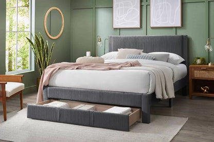 The Cinder Queen Charcoal Corduroy Bed with Storage Drawer