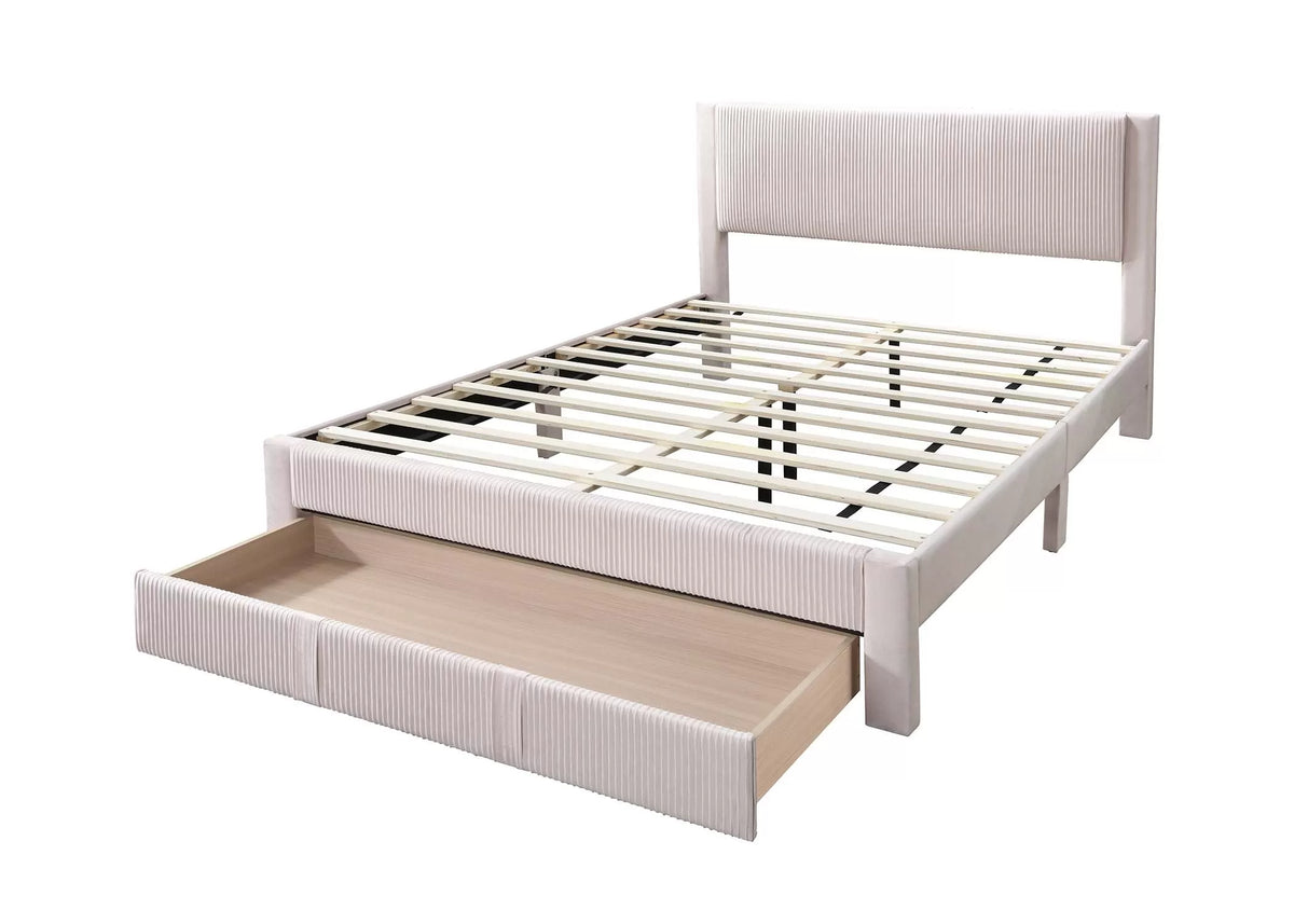 Cama Petal Full Claro Rosa de Pana con Almacenamiento