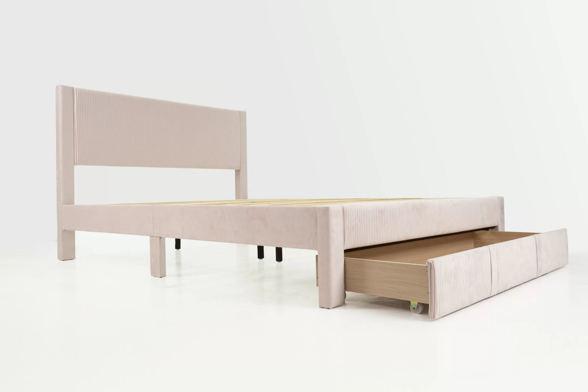 Cama Petal Full Claro Rosa de Pana con Almacenamiento