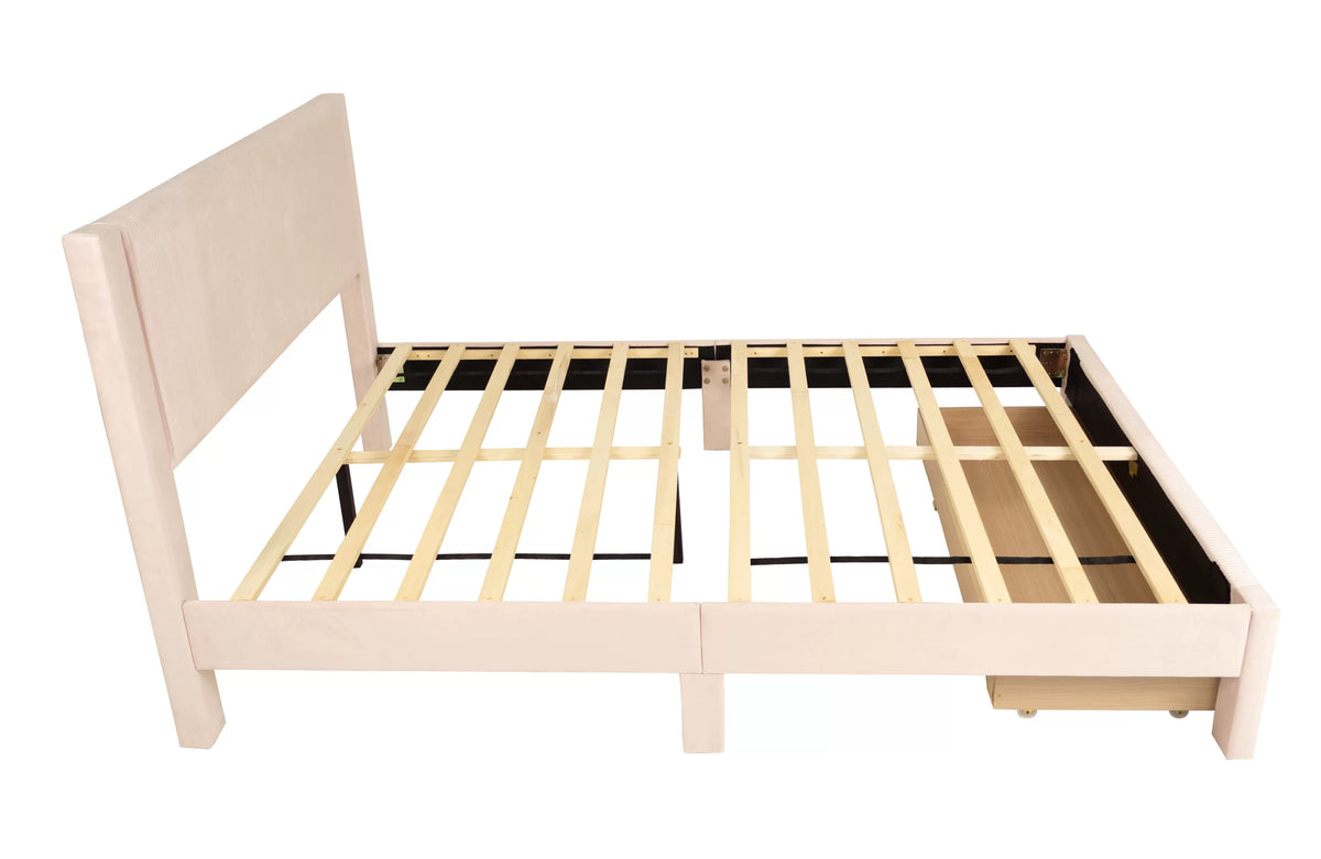 Cama Petal Full Claro Rosa de Pana con Almacenamiento