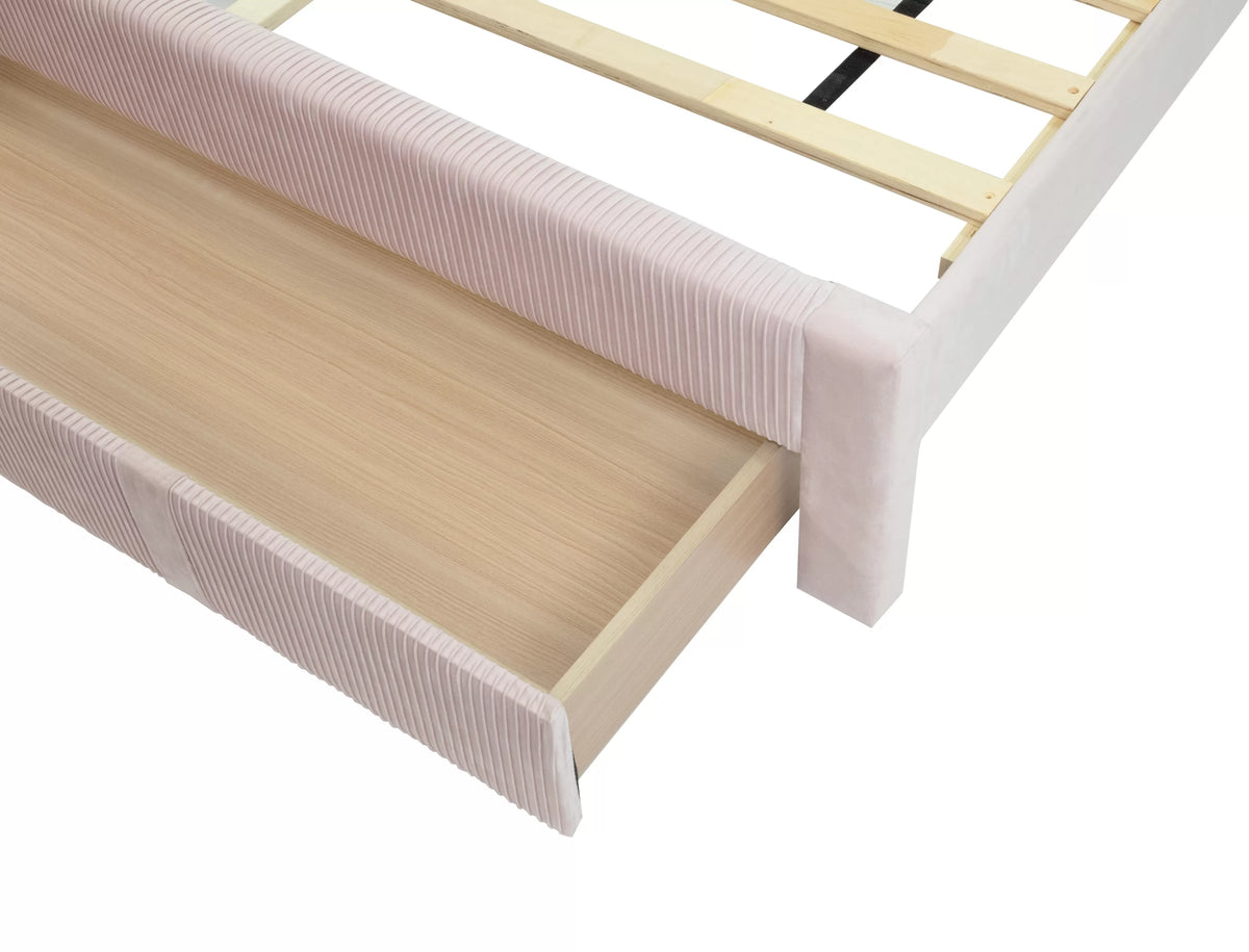 Cama Petal Full Claro Rosa de Pana con Almacenamiento