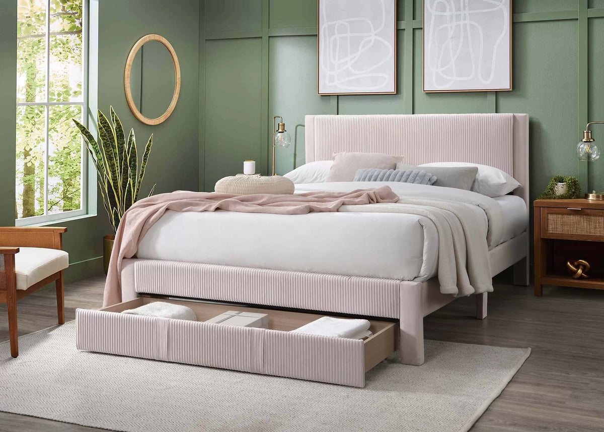 Cama Petal Full Claro Rosa de Pana con Almacenamiento
