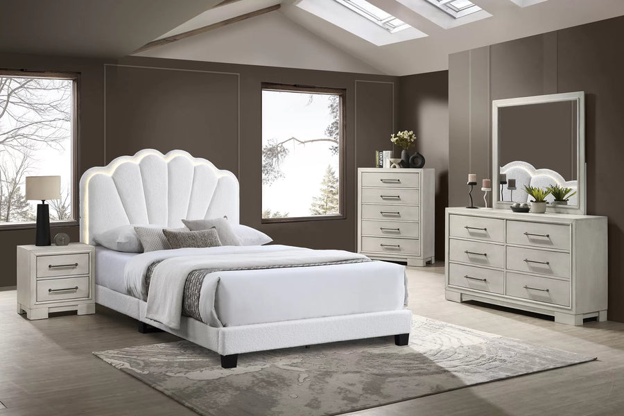 The Lumen White Wool fabric Full Bed Frame, Nightstand & Chest – 3 Piece