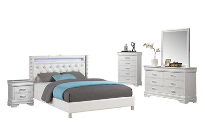 The Bianca Queen White Faux Leather LED Bed with Charging Station