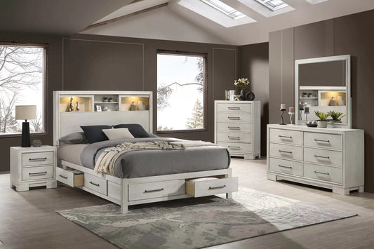 Eastern King Platform Bed with LED Lights & Storage – Antique White | F9674EK