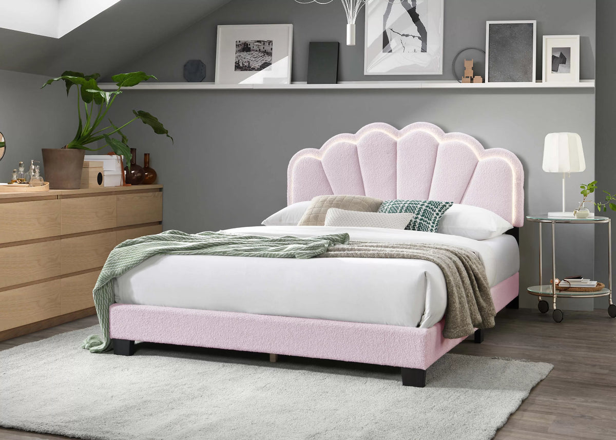 The Lumen Pink Wool Full Bed Frame – LED Headboard - view 1