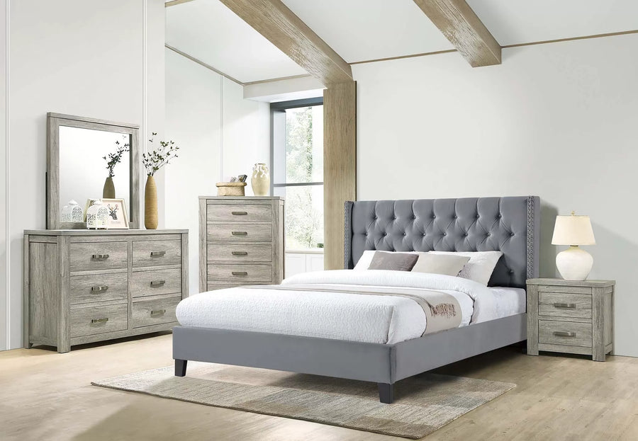 Cama Crenshaw Queen Gris de Terciopelo Capitoné