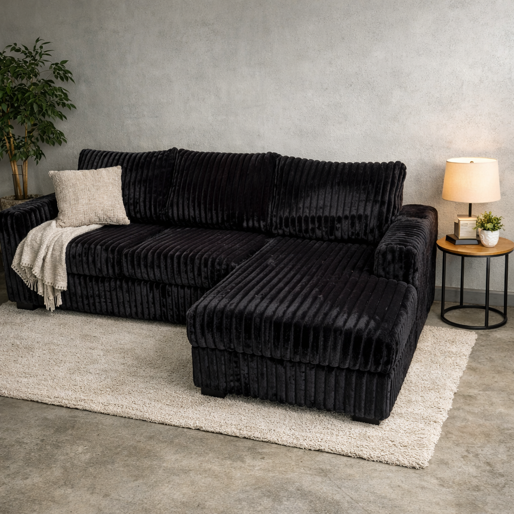2-Piece Sectional Sofa – Black Fur-Like Corduroy F8325