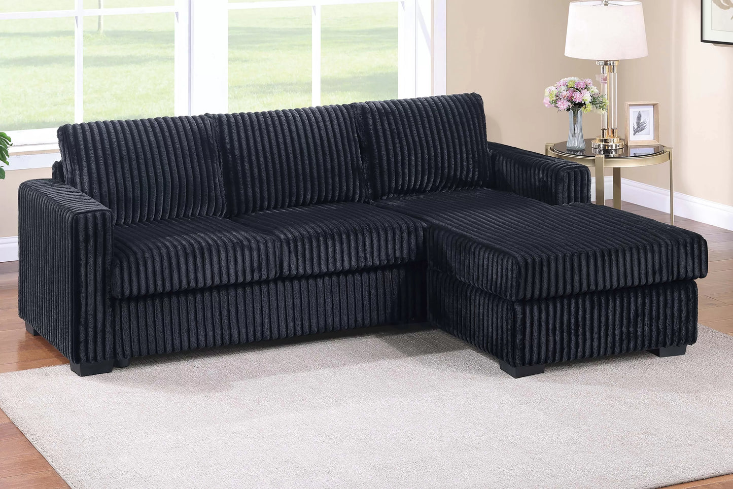 2-Piece Sectional Sofa – Black Fur-Like Corduroy F8325
