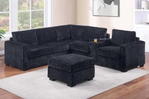 4-Piece Corduroy Sectional with Ottoman & USB Console – Black | F8344