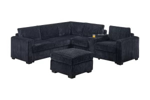 4-Piece Corduroy Sectional with Ottoman & USB Console – Black | F8344